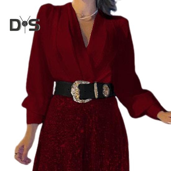 Women Jumpsuit Wide Leg Shiny Sequin Deep V Neck Long Lantern Sleeve Tight High Waist with Belt Solid Color Prom Cocktail Party Wedding Fake Dress