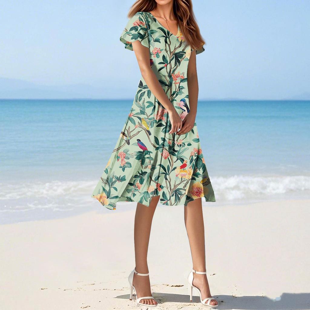 Women's Summer Casual Fashion Flower Print Dress V Neck Short Sleeve Short Skirt