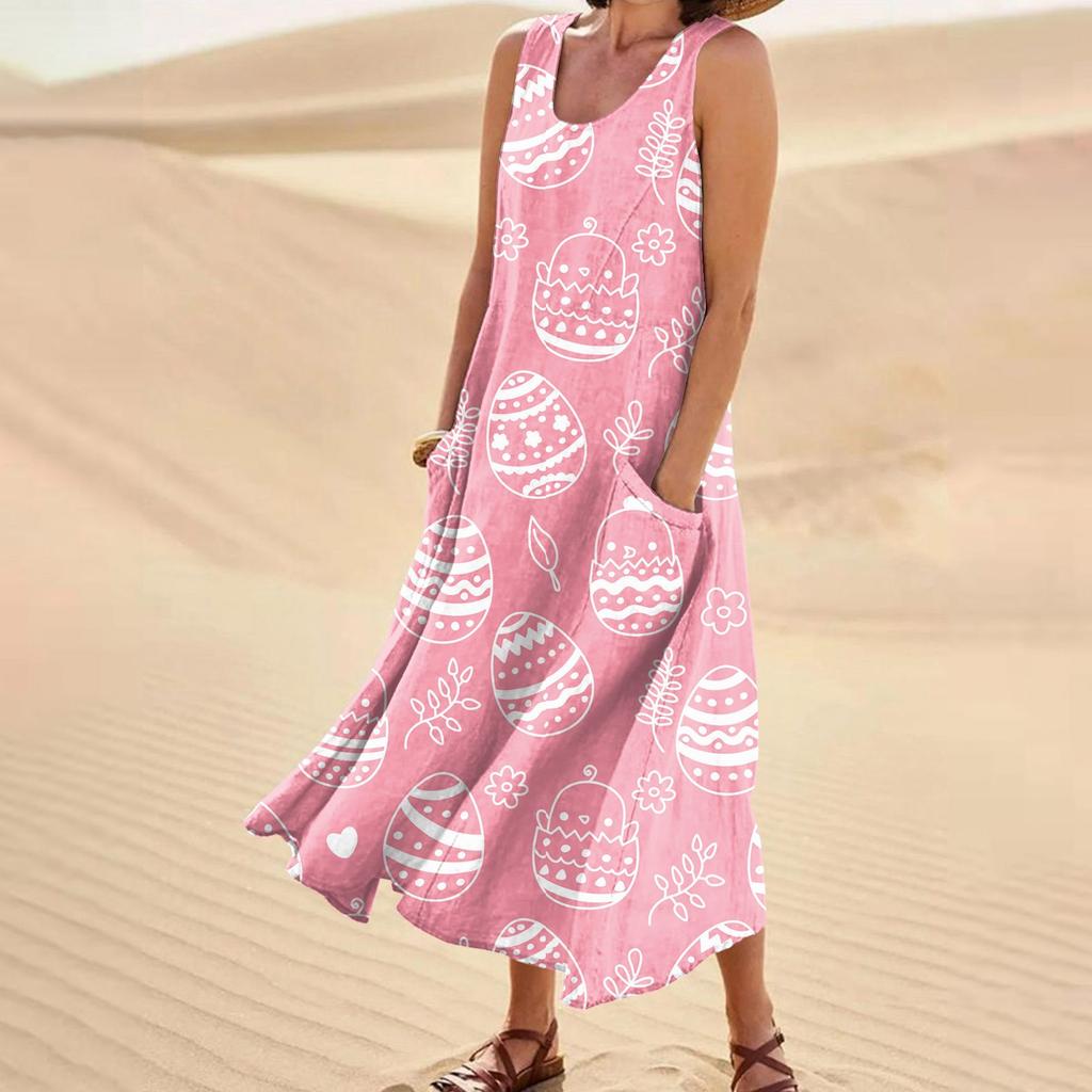Women's Summer Casual Fashion Easter Printed Sleeveless Round Neck Pocket Dress
