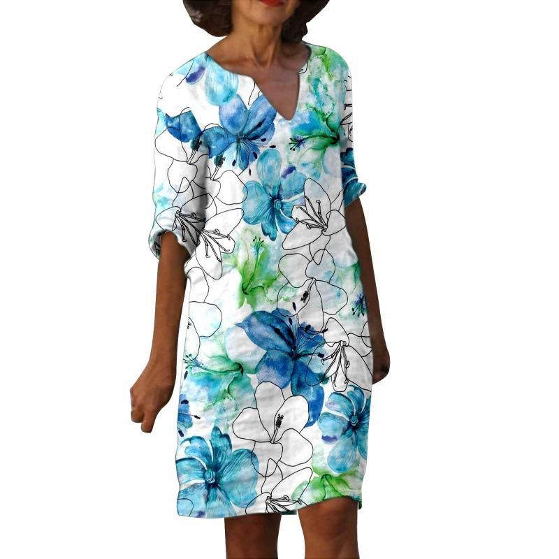 Women's Spring and Summer Fashion Painting Printed Five Sleeve Multi Color Medium Length Dress