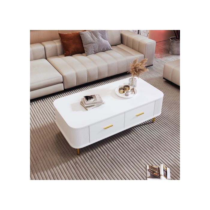Table basse - MUVOE - Rectangulaire - Blanc et doré - 4 tiroirs - Design contemporain