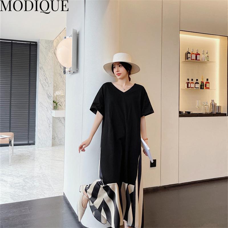 MODIQUE Summer Plus Size New Women Loose Patchwork A-Line Stripe Mock Two-Piece Long Dresses Elegant Lady Casual Cotton V-Neck Short Sleeve Skirt
