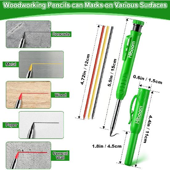 Hiboom 4 Pack Carpenter Pencils with 36 Refills (Red, Black, Yellow), 2.8 mm Heavy Duty Woodworking Marking Tool Built In Sharpener Ideal for Marking