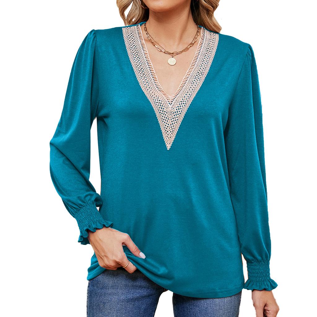 2024 European And American Autumn/Winter New Solid Color V-Neck Lace Splicing Loose Long Sleeve T-Shirt Top