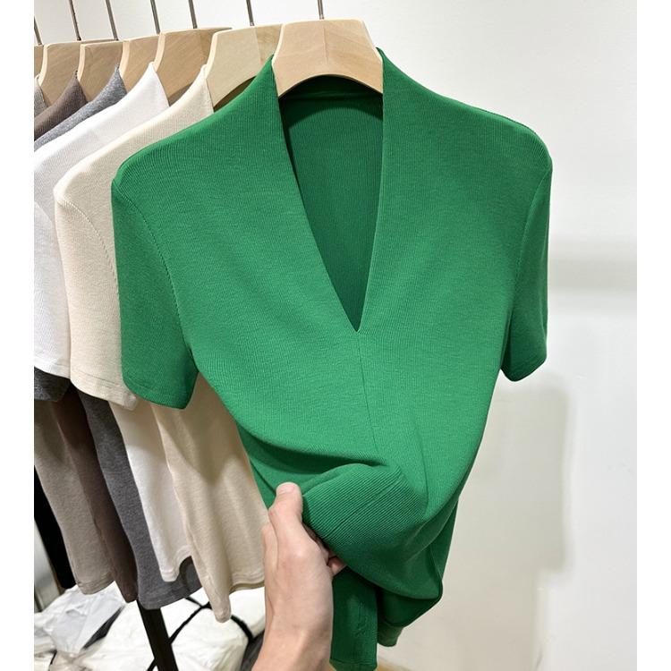 Модная футболка с V-образным вырезом, с короткими рукавами, женская летняя новинка, облегающий топ с рукавами до локтя