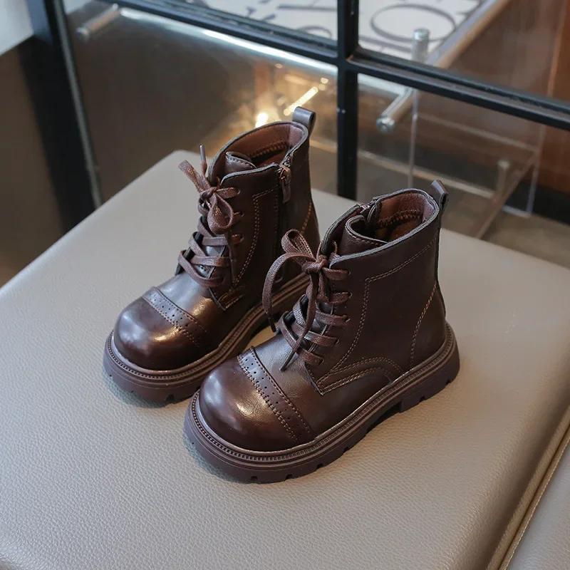 Детские ботильоны на платформе, простые пэчворк, кожаные ботинки для девочек, модные детские повседневные короткие ботинки, черные, коричневые, универсальные, нескользящие