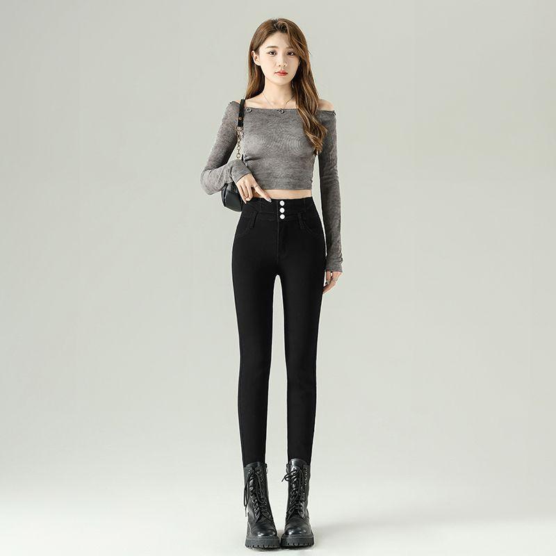 Winter velvet thickened high waist thin 1 button small foot jeans women's warm elastic pencil pants
