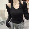 2KWEIRD Black Shirts for Women Ropa Mujer Fashion Tunci Drawstring Tshirts Y2k Clothes Tunic Crop Tops Korean Sexy Woman Tshirt