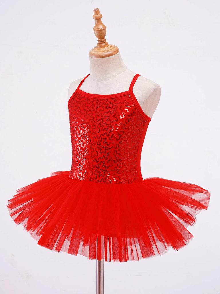 Kids Girls Ballet Dance Performance Costume Sequined Tutu Dress with Hair Tie Headwear