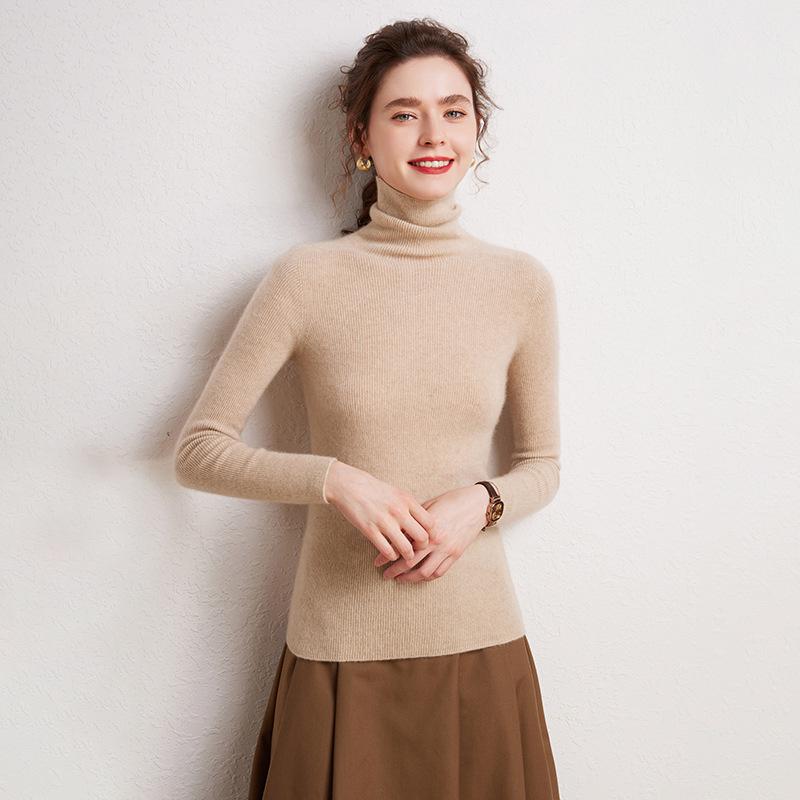 Women's 100% Cashmere High Neck Slimming Pullover Sweater - Solid Color, Warm, Versatile Knit Base Layer