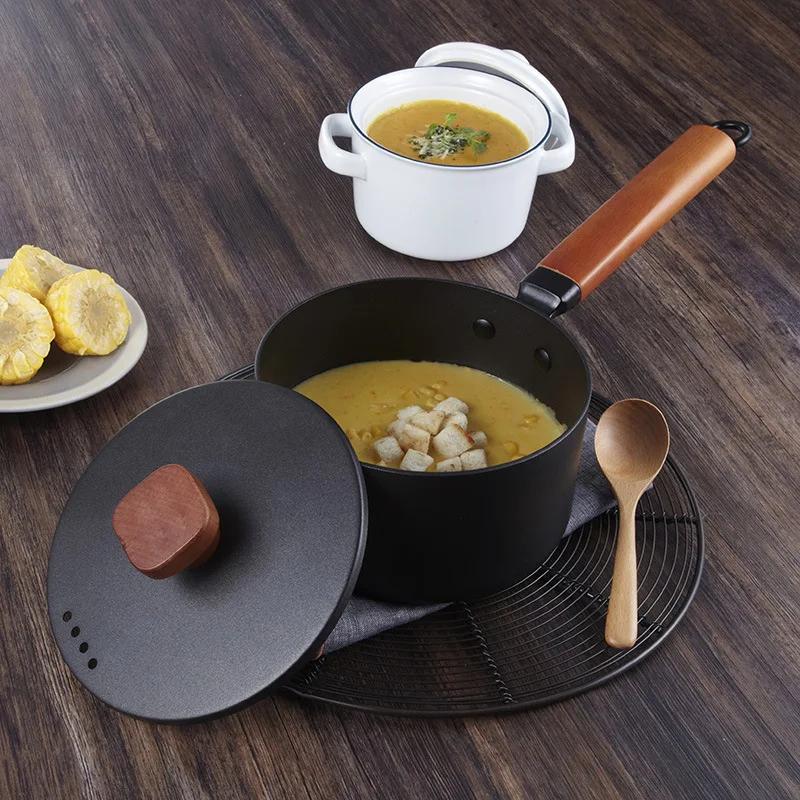 2L Milk Pot Wooden Handle Gas Stove Induction Cooke Baby Breakfast Milk Coffee Saucepan Cookware Cast Iron Non-stick Soup Pot