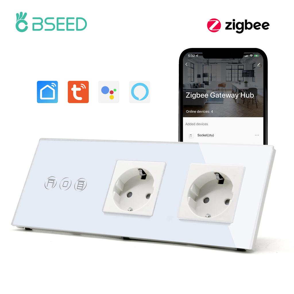 BSEED Умный выключатель для штор Zigbee, Выключатель для электрических рулонных штор с розеткой EU, портами USB Type-C, Приложение Tuya Alexa Smart Life