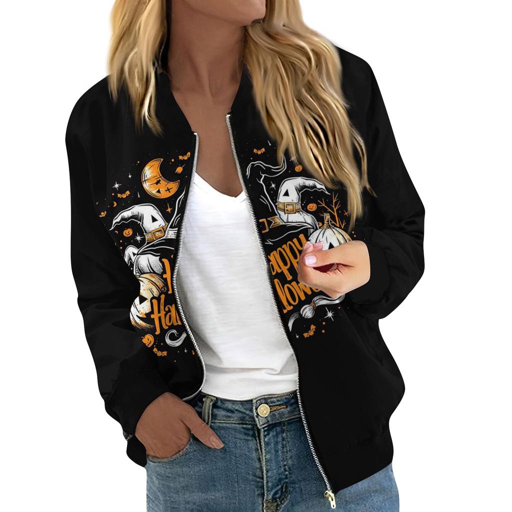 Женская модная повседневная куртка на молнии с длинным рукавом с принтом и круглым вырезом