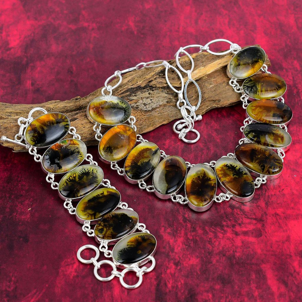 Браслет и ожерелье из драгоценного камня дендритового опала, комплект ювелирных изделий из стерлингового серебра 925 пробы, ювелирные изделия ручной работы, регулируемая цепочка, подарок на годовщину для нее