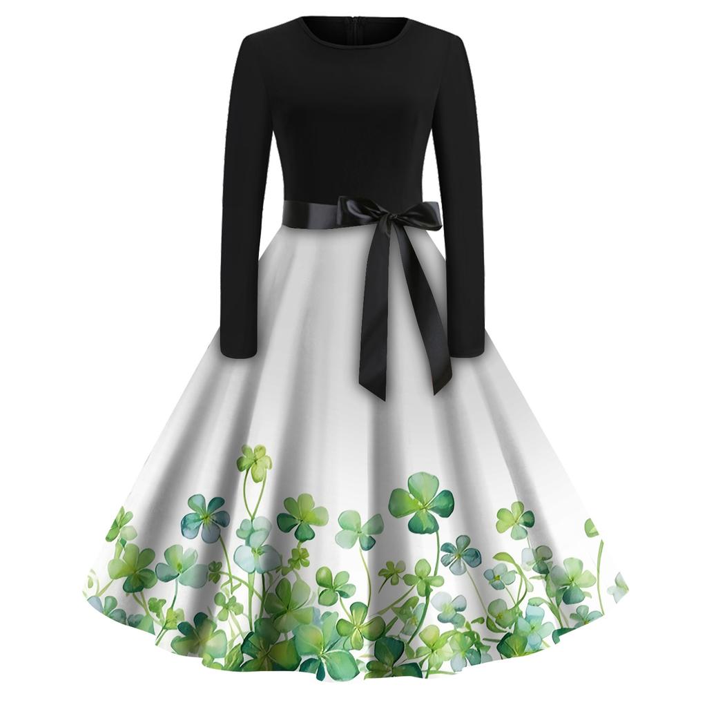 Women's Fashion Round Neck Casual Slim St Patrick's Day Printed Long Sleeve Dresses