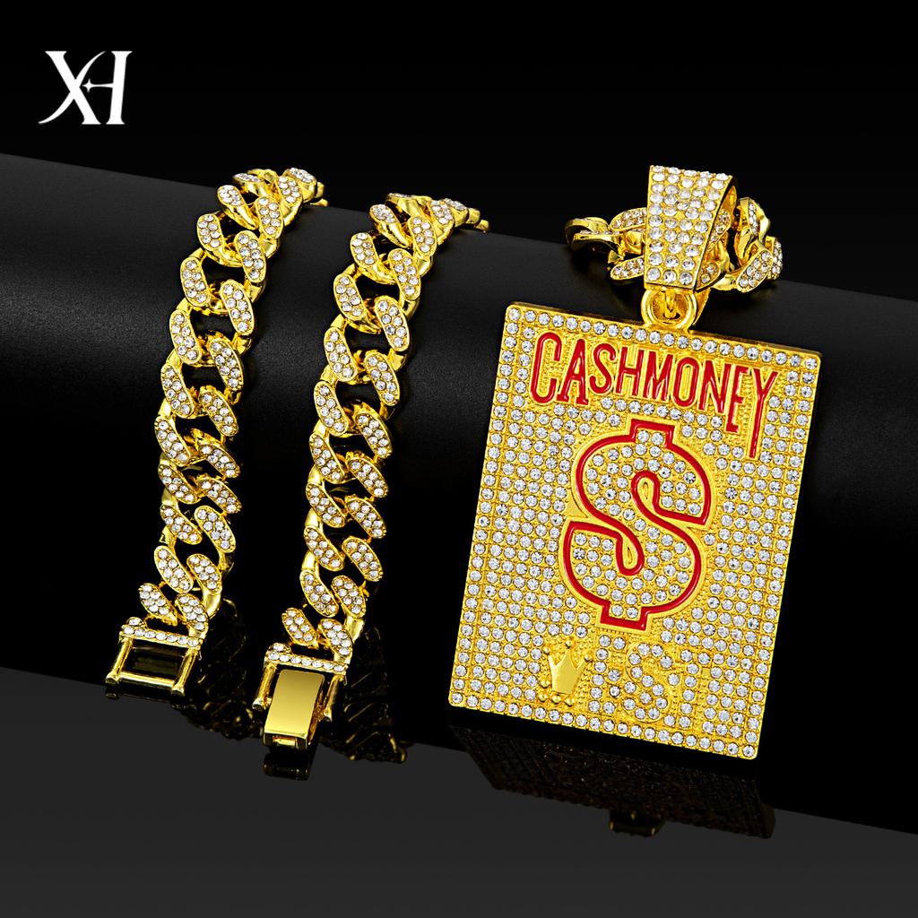 American CASH MONEY Dollar Sign Square Plate Dripping Oil Letter Necklace Pendant Cuban Chain
