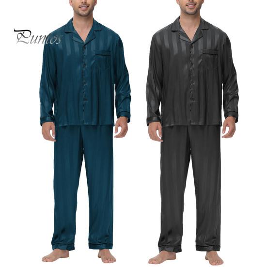 2 шт./компл. Шелковый атласный мужской пижамный комплект с пуговицами, длинными рукавами, верхом из пижамы с воротником-стойкой, пуговицами спереди, нагрудным карманом, длинными штанами, одежда для сна