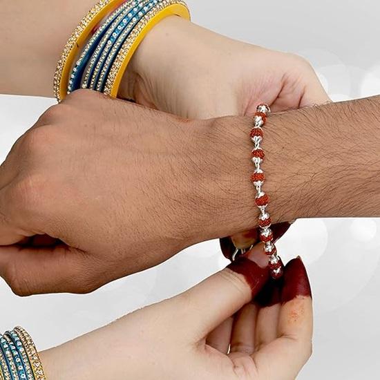 Серебряный браслет ручной работы из двойной проволоки Rudraksha Rakhi для брата, мужской браслет