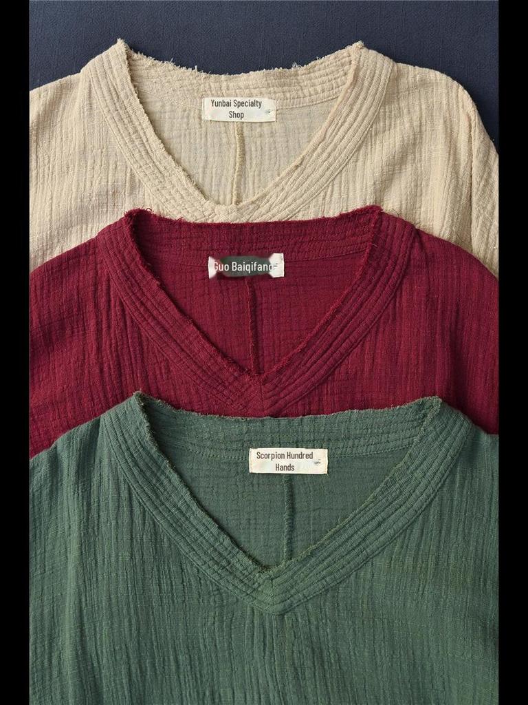 2025 Spring/Summer Women's Chinese Retro Slimming V-Neck Cotton/Linen Bat Sleeve T-Shirt