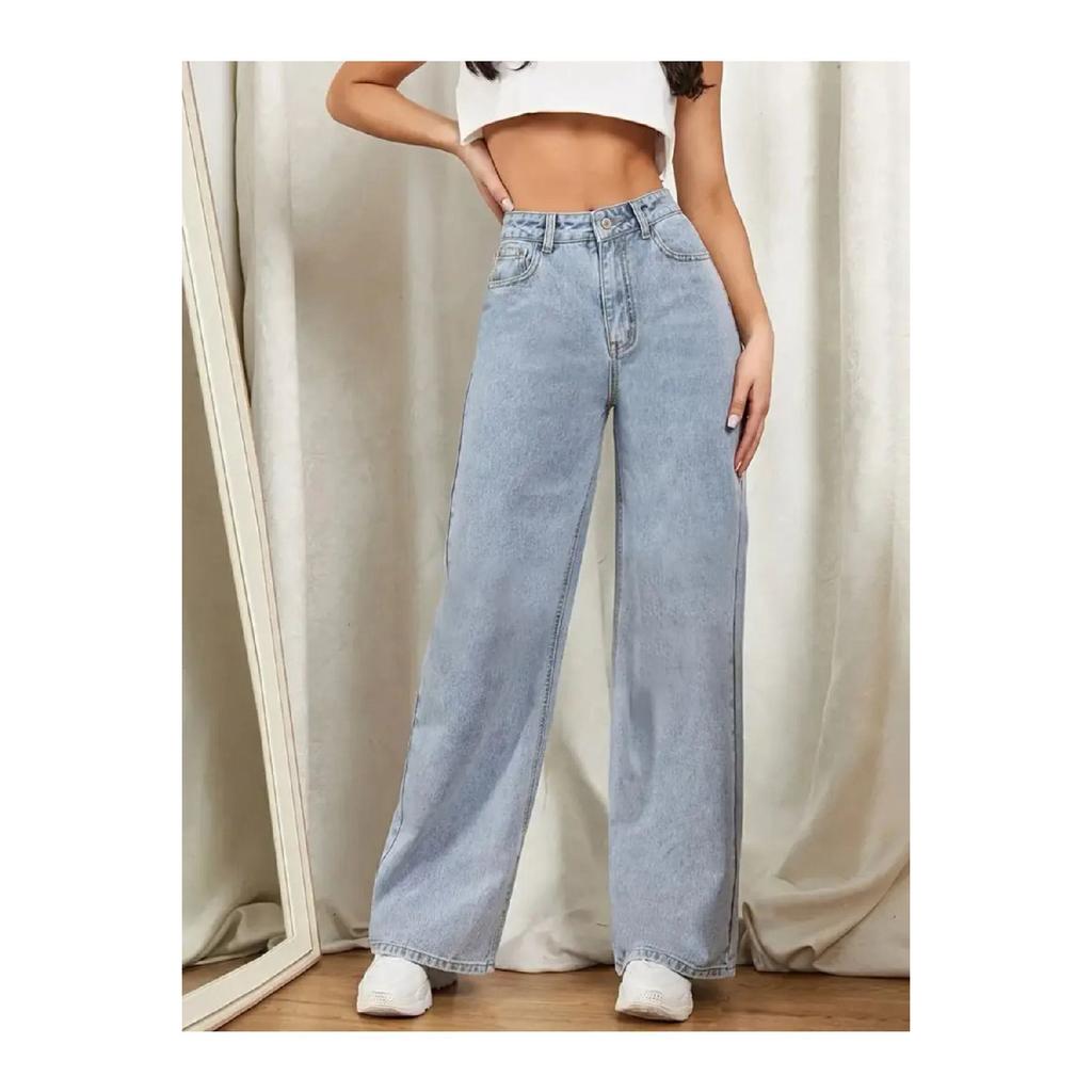 Women's Blue Snow Wash High Waist Five Pocket Wide Leg Loose Palazzo Jean Denim Trousers