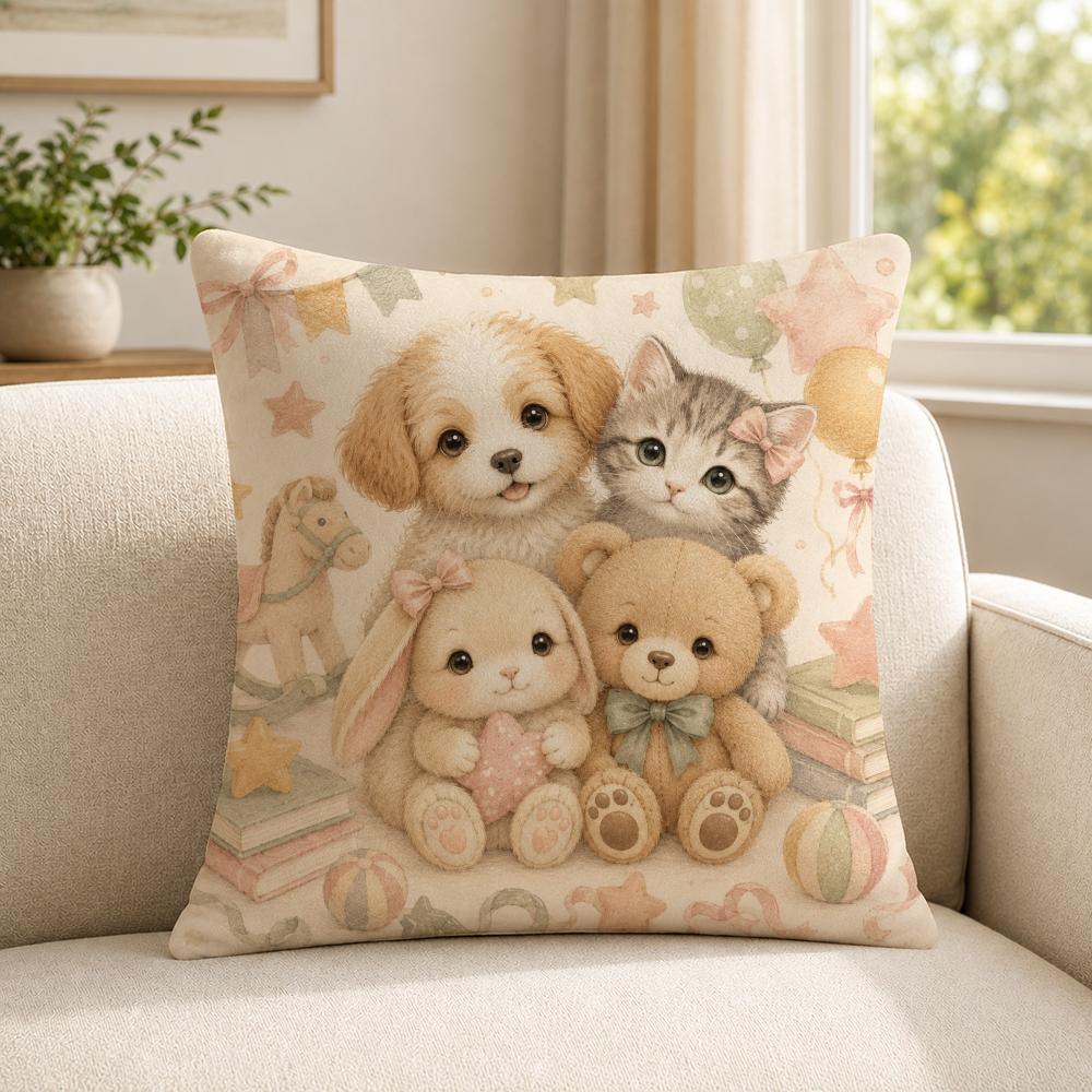 art cozy cute animal friends Cushion Cover Soft Short Plush SkinFriendly Cushion Case for MultiScene Use