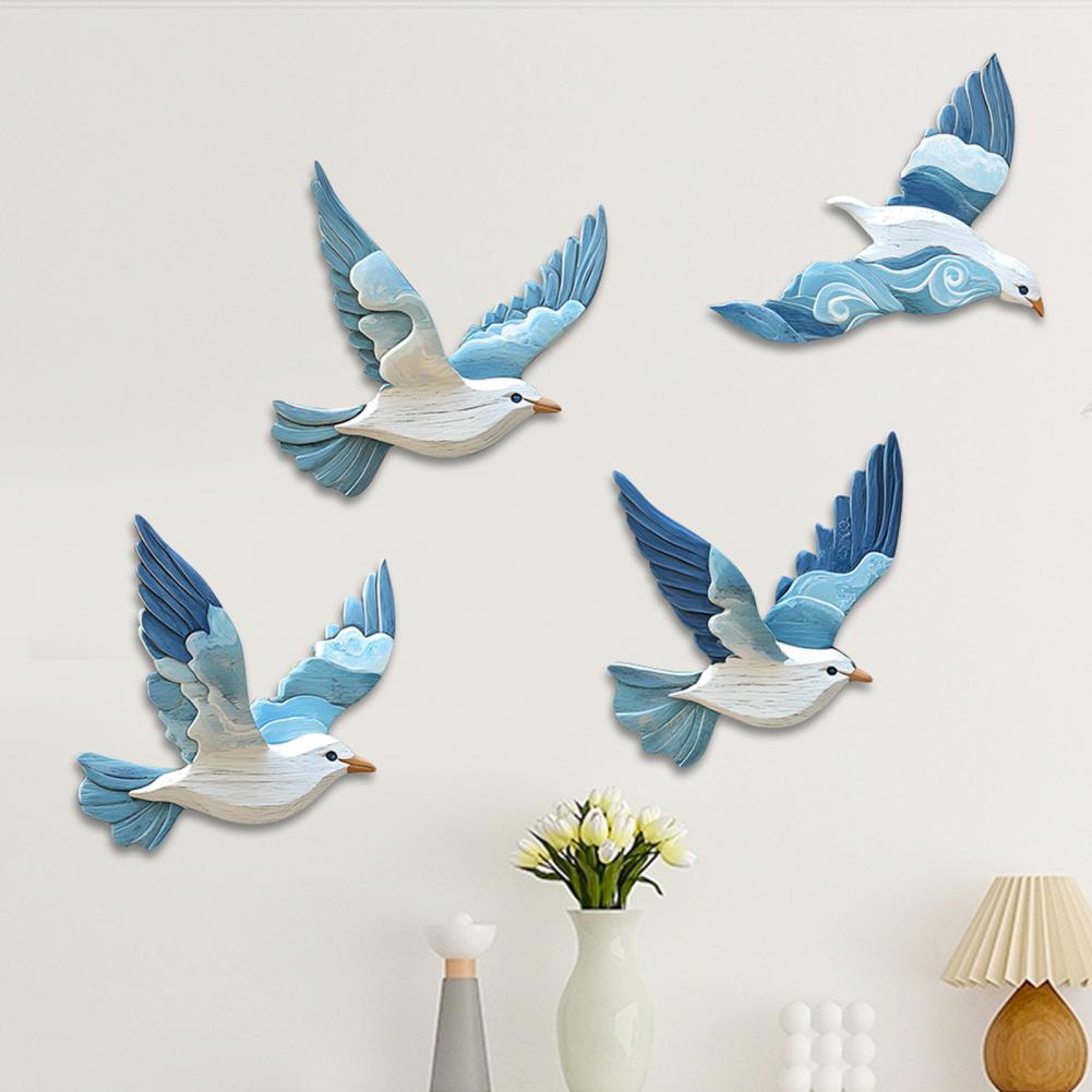 4Pcs/Set Wooden Blue Pigeon Wall Decoration Farmhouse Rustic Bird Wall Art Home Wall Hanging Ornament