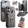 For iPhone 16 Case with Card Holder Kickstand Leather+TPU+PC Phone Cover