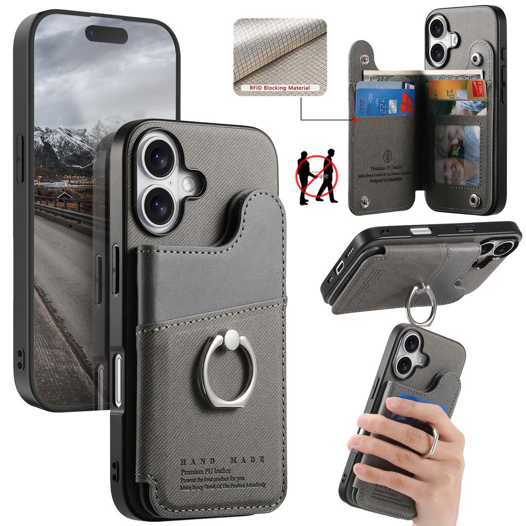 For iPhone 16 Case with Card Holder Kickstand Leather+TPU+PC Phone Cover