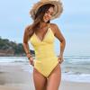 Сексуальный желтый купальник женский 2025 глубокий V-образный вырез утягивающий плиссированный живот контроль цельный купальник пляжный купальный костюм праздничный монокини