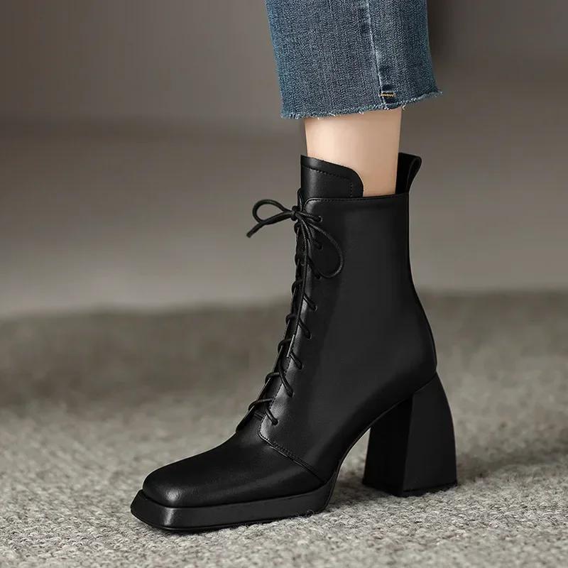 Модные женские туфли на высоком каблуке, ботильоны на толстой платформе, ботинки челси, осень 2024, шнуровка, квадратный носок, повседневный бренд Zapatos De Mujer Trafza