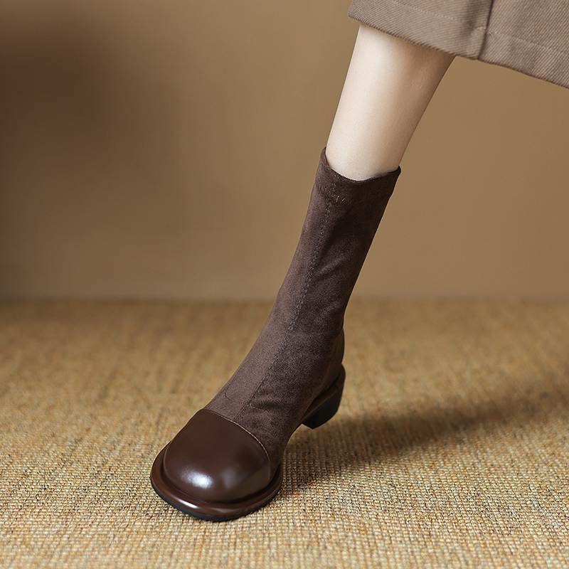 Krazing Pot Флок Осенне-зимняя обувь Низкий каблук Размер 43 Стрейч-сапоги Задняя вставка Прямой стиль Эластичные ботильоны