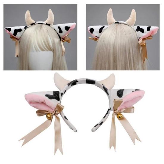 Женская повязка на голову с ушками молочной коровы и бантом, лента, колокольчик, декор, гибкий легкий головной убор ручной работы, аксессуар для костюма