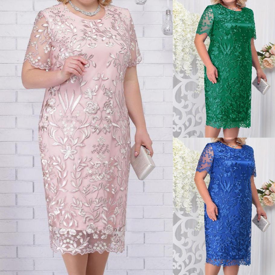 Plus Size Summer Dresses for Wedding Guest Women's Short Sleeve Lace Floral Elegant Formal Party Dresses