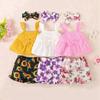 Summer Girls' Clothing Set Kids Solid Color Sleeveless Camisole Top and Floral Printed Shorts