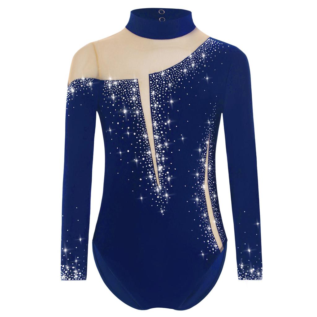 Детский костюм для фигурного катания для девочек, длинный рукав, сетчатый купальник со стразами для балета, танцев, гимнастики, акробатики