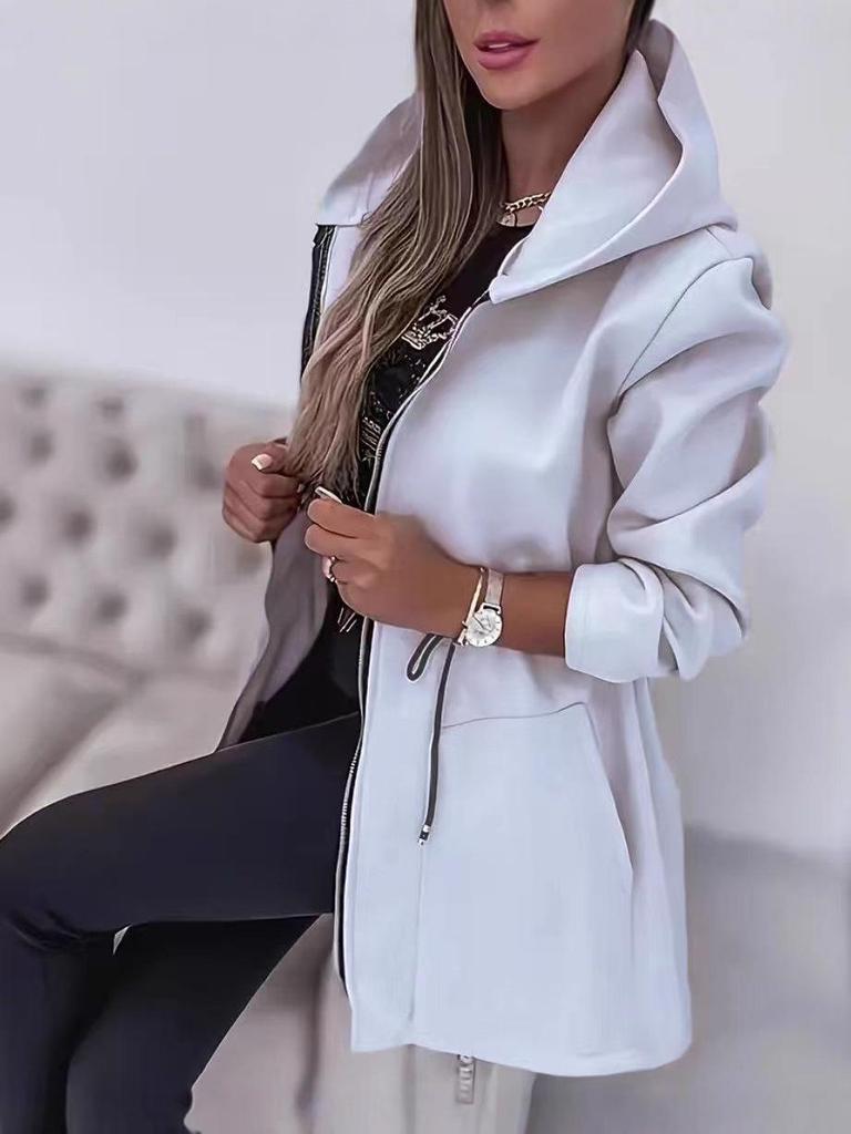 Европейская и американская женская мода Куртка средней длины с капюшоном на молнии и приталенной талией