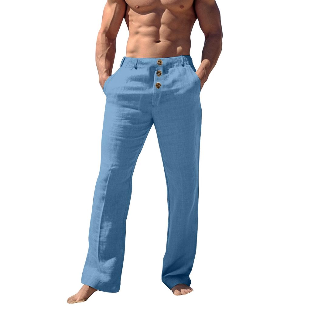 Мужские повседневные свободные и удобные повседневные брюки, хлопковые льняные брюки с пуговицами