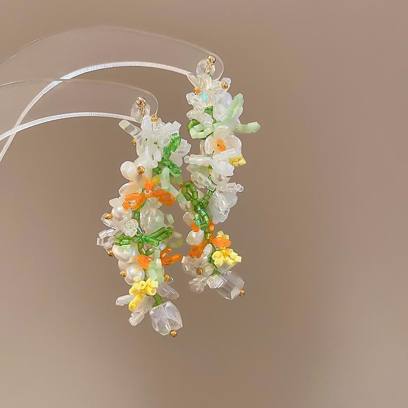 Богемные розовые серьги-кисточки с цветком из бисера и жемчуга