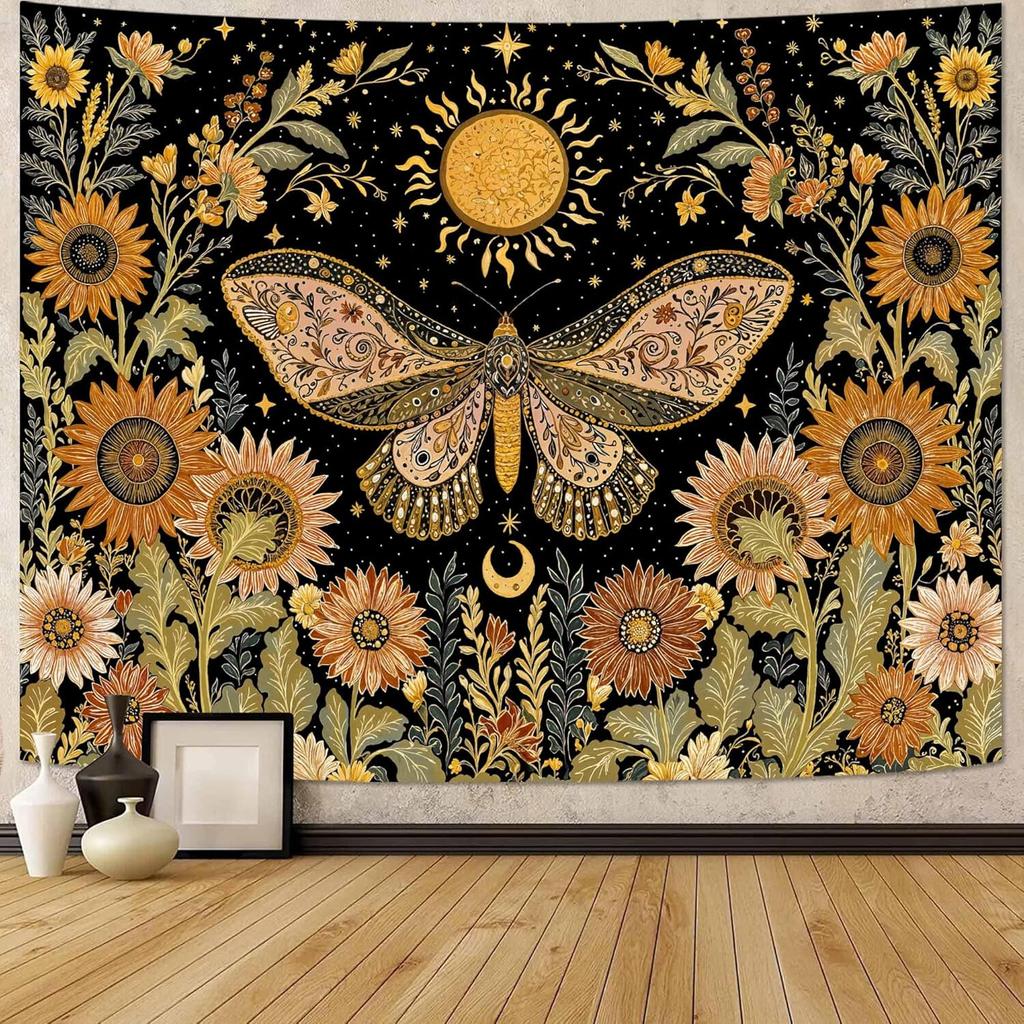 VIKAMA Yellow Butterfly Moonlight Flower Tapestry Retro Bohemian Style Living Room Dormitory Wall Hanging Home Decor
