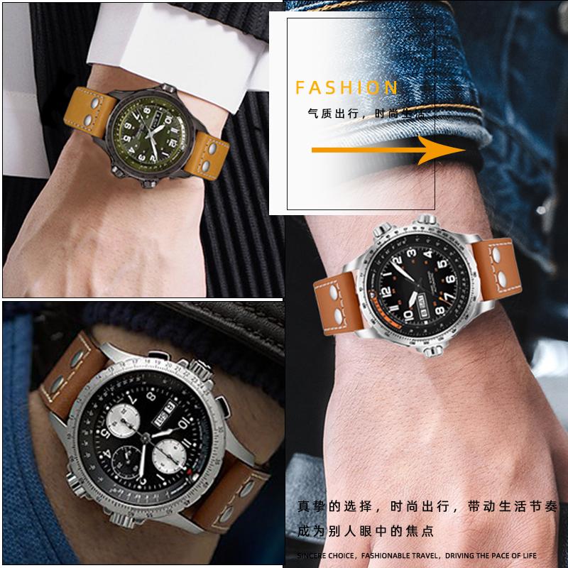 Для ремешка часов Hamilton Khaki Aviation H77616533 H760250 Field Мужской Натуральная кожа Заклепка Браслет для часов 20 мм 22 мм Коричневый