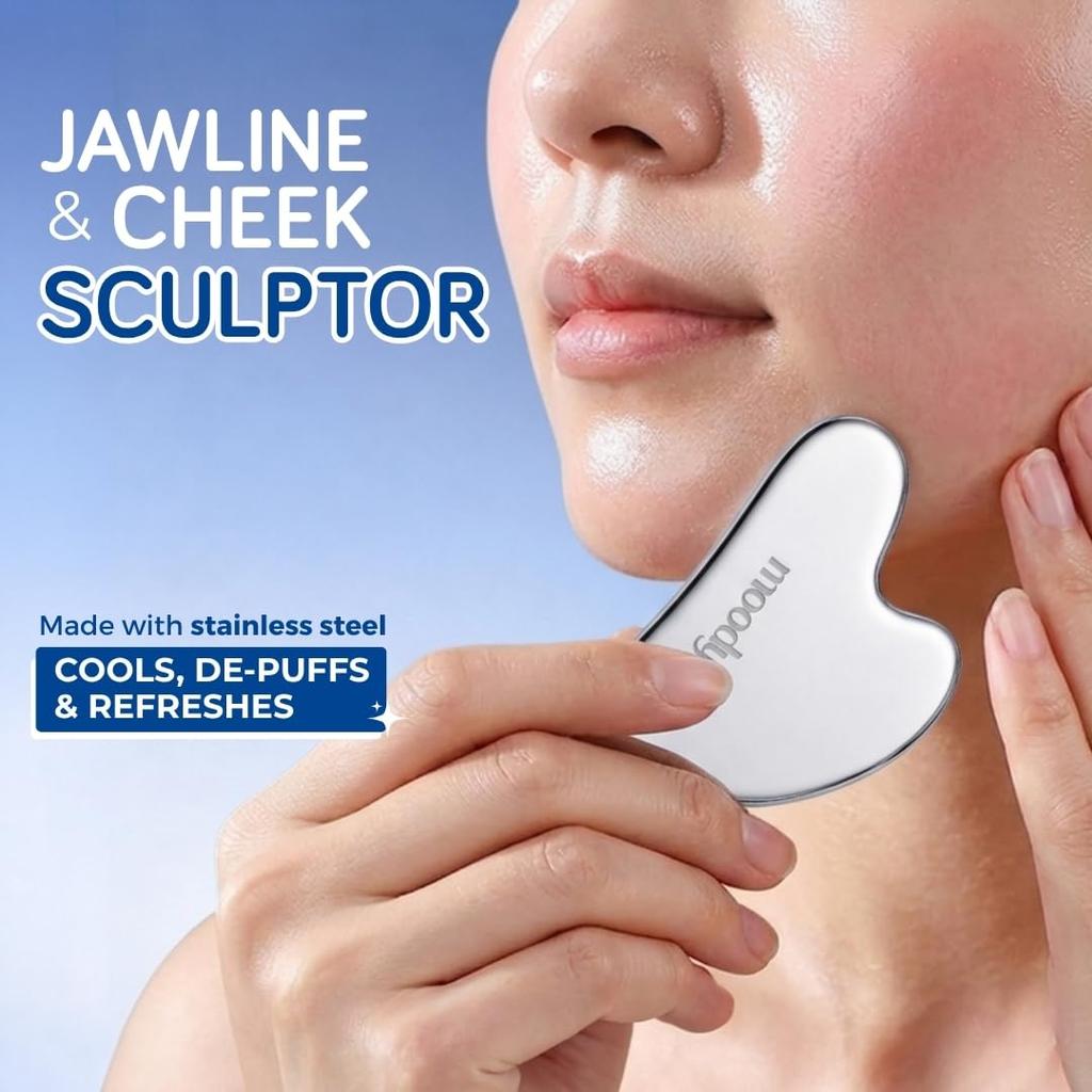 Охлаждающий инструмент для массажа лица Gua Sha из нержавеющей стали Moody Cool Contour™ для скульптурирования лица, лимфодренажа и уменьшения отечности | Охлаждающий массаж лица