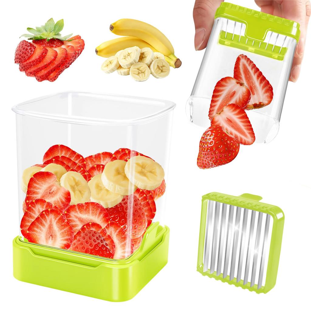 Fruit Slicer Cup for Strawberry, Banana, Hard-Boiled Egg - Detachable Cutter with Push Plate - 304 Stainless Steel Blade - Rapid & Safe Slicing