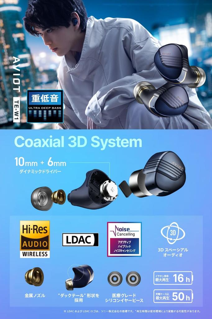 Беспроводные наушники AVIOT TE-W1 с адаптивным гибридным шумоподавлением, коаксиальная 3D-система, совместимость с Hi-Res Audio, двойные динамические драйверы, металлический звуковод,