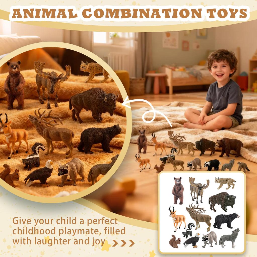 12 Pieces North American Animal Figurine Toys, Realistic Jungle Figurines, Wolf, Bear,Skunk Bobcat And More Cake Decorations, Birthday Gifts