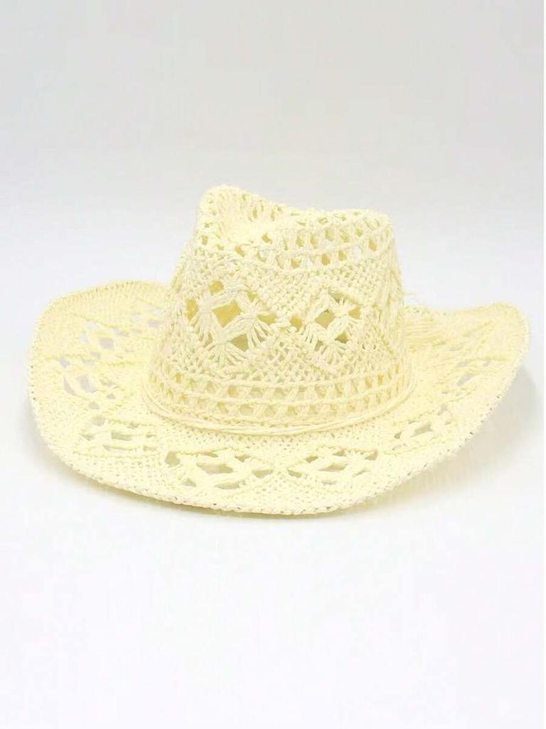 Unisex Straw Cowboy Hat With Beaded Decoration Breathable For Beach Camping Outdoor