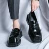 Men's Patent Leather Dress Shoes Banquet Casual Loafers Shoes Black Thick Square Head Social Shoes Slip-On Derby Shoes