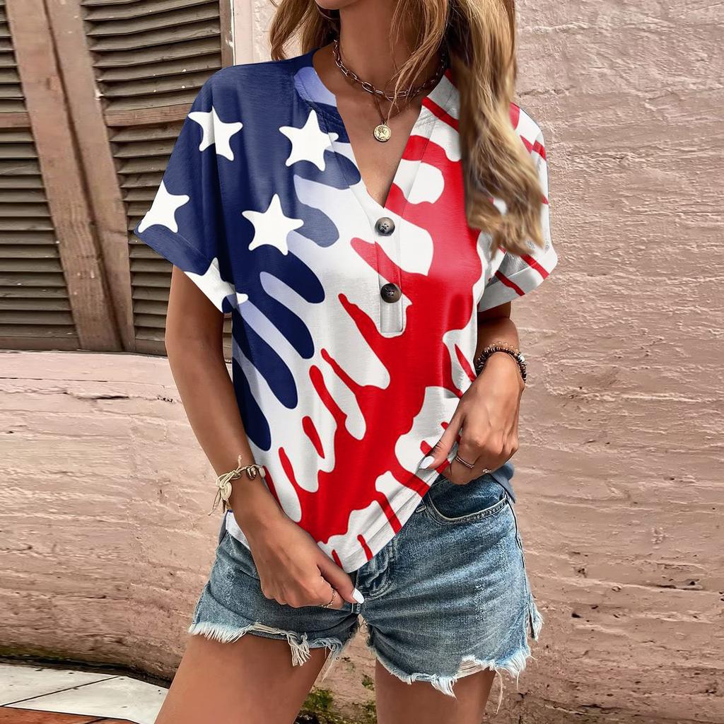 Fashion Womens Loose Summer Plain V Neck Button Button Short Sleeve Casual Tops