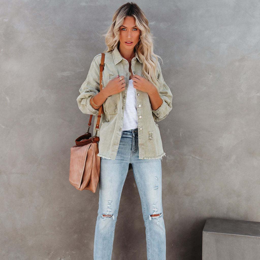 Autumn Women's Casual Denim Coat Versatile Women's Shirt Ragged Edge Hole Denim Coat Women