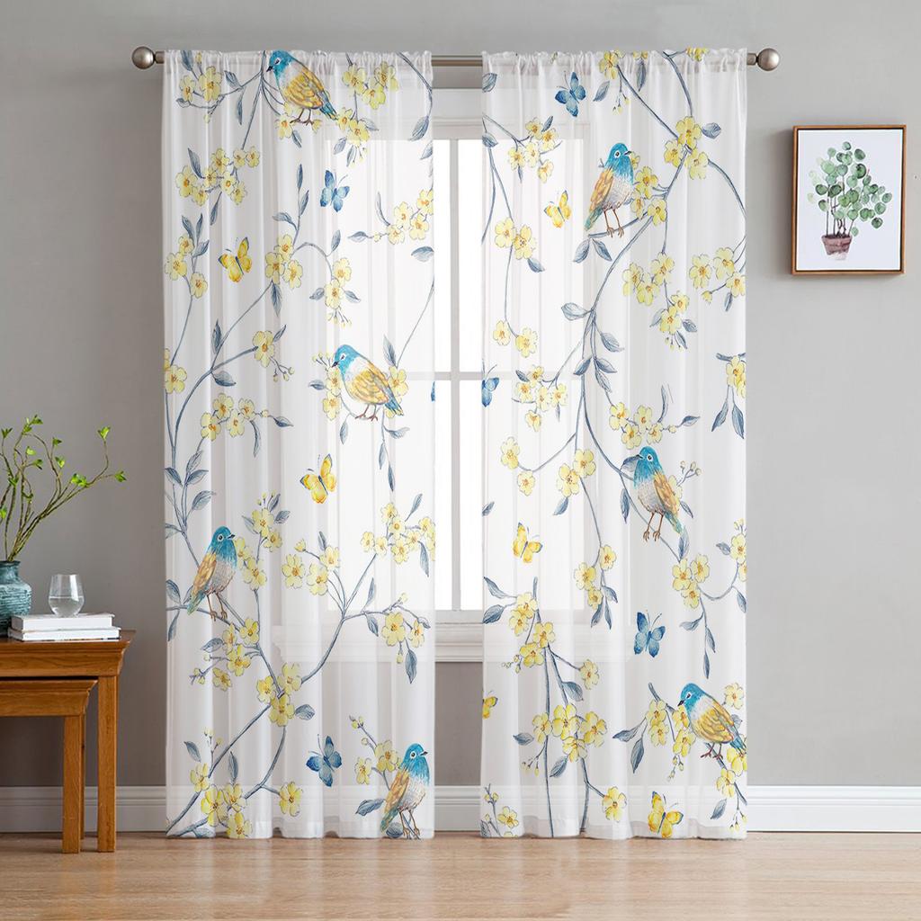 Plants Flowers Watercolor Birds Sheer Curtains for Living Room Decoration Window Curtains Kitchen Tulle Voile Organza Curtains