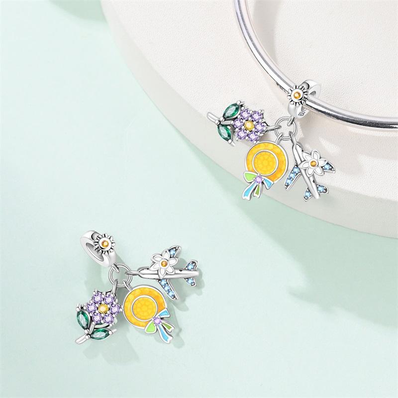 New Summer Day 925 Silver Seaside Sailboat Coconut Tree Sunglasses Camera Charms Beads Fit DIY Silver Bracelets Jewelry